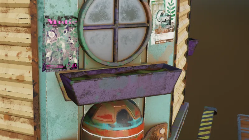 Close-up of the round window, planter box and posters on the shed wall