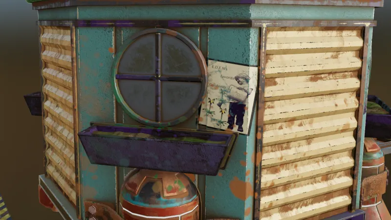 Close-up of the louvered wood panels, teal frame and rusted metal bands