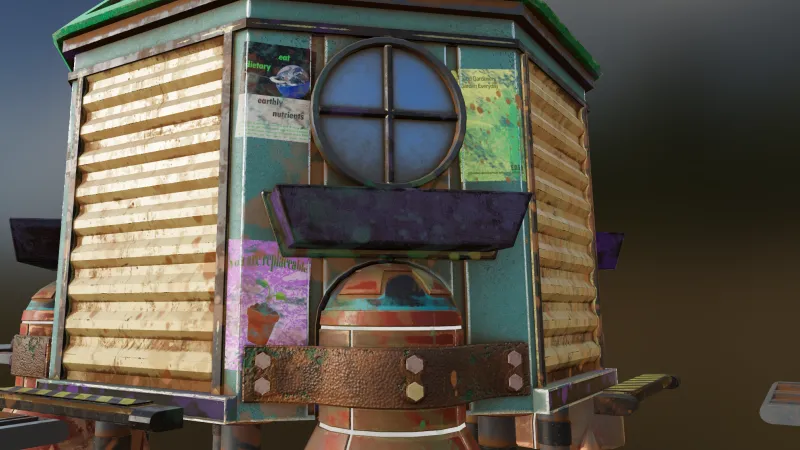 Close-up of layered posters, chipped paint and the rusted base of the shed