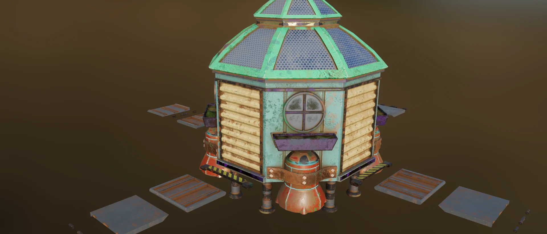 Render of Garden S.H.E.D., a weathered octagonal shed with louvered wood walls, a round window and a paneled dome roof, on a dark backdrop