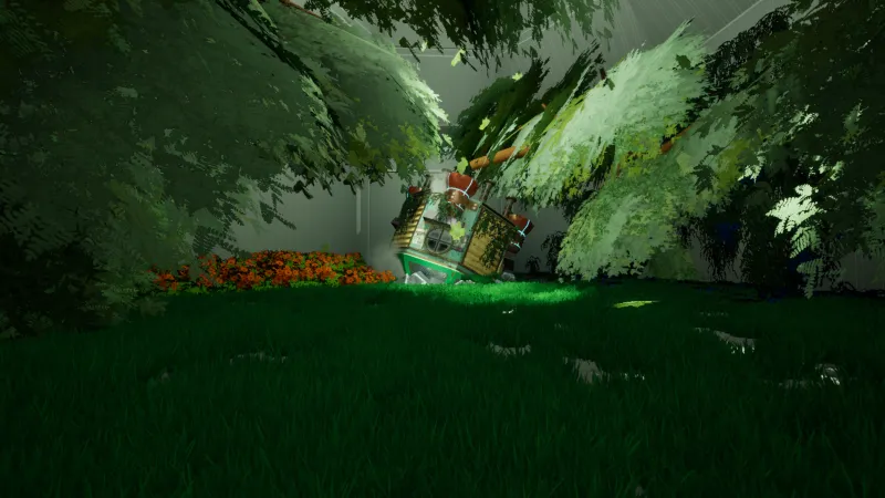 The shed sitting in a shaded garden under leafy branches in Unreal Engine