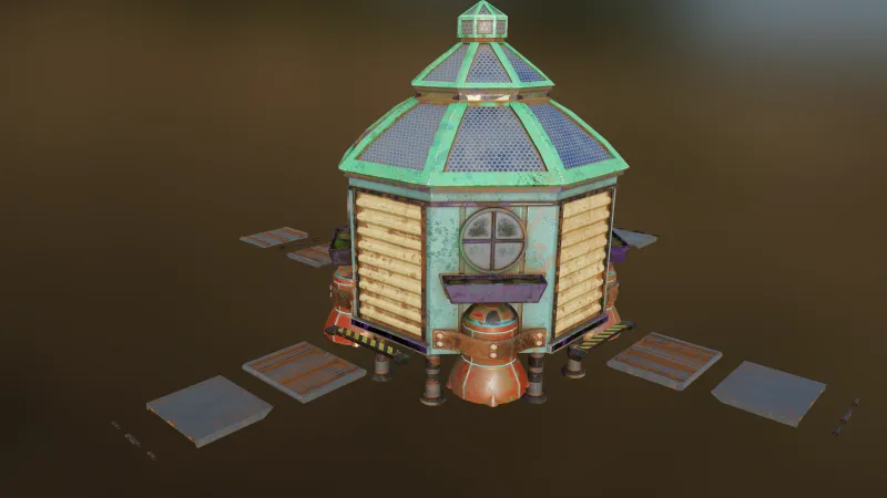 The full Garden S.H.E.D. on a dark backdrop with loose panels around its base