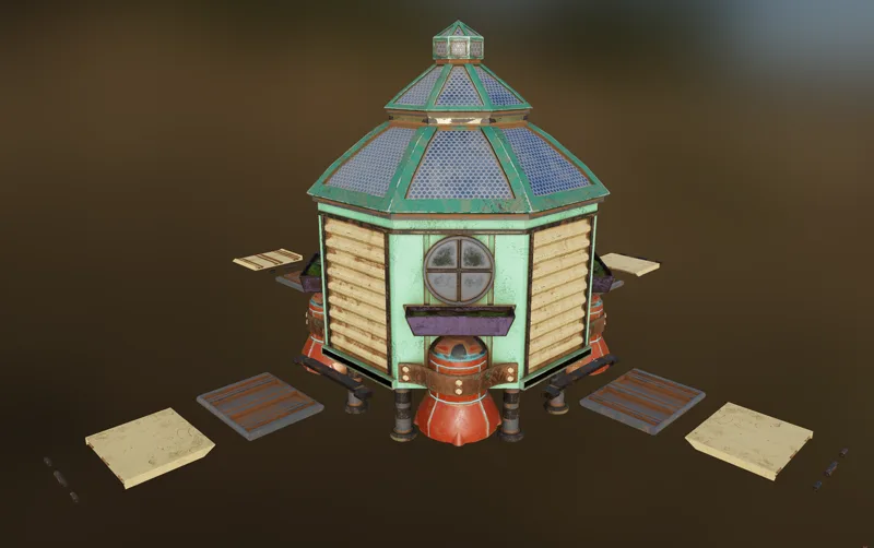 Textured render of Garden S.H.E.D. from the front, with its round window, planter box and loose panels around the base