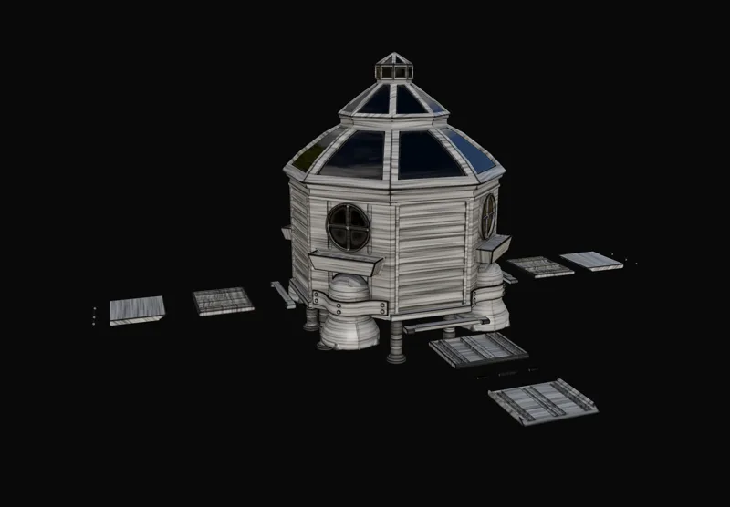 Untextured gray render of Garden S.H.E.D. with its glass dome roof and loose floor panels on a black backdrop