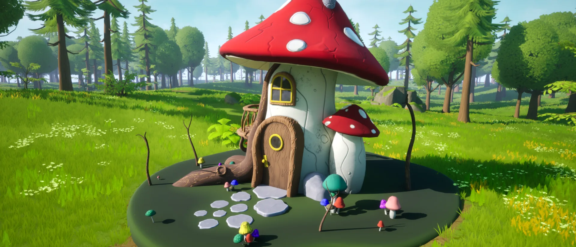 Render of the Mushroom House, a stylized house with a red spotted mushroom cap roof in a sunny meadow with trees