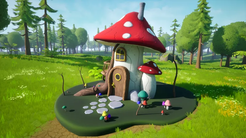 The Mushroom House in a sunny grassy clearing with pine and leafy trees behind it