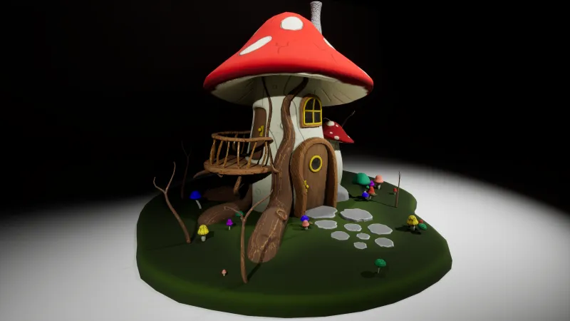 Textured render of the Mushroom House on a dark ground base