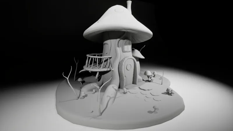 Untextured gray render of the Mushroom House