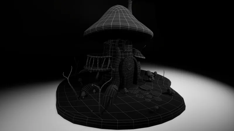 Wireframe of the Mushroom House showing its low poly topology