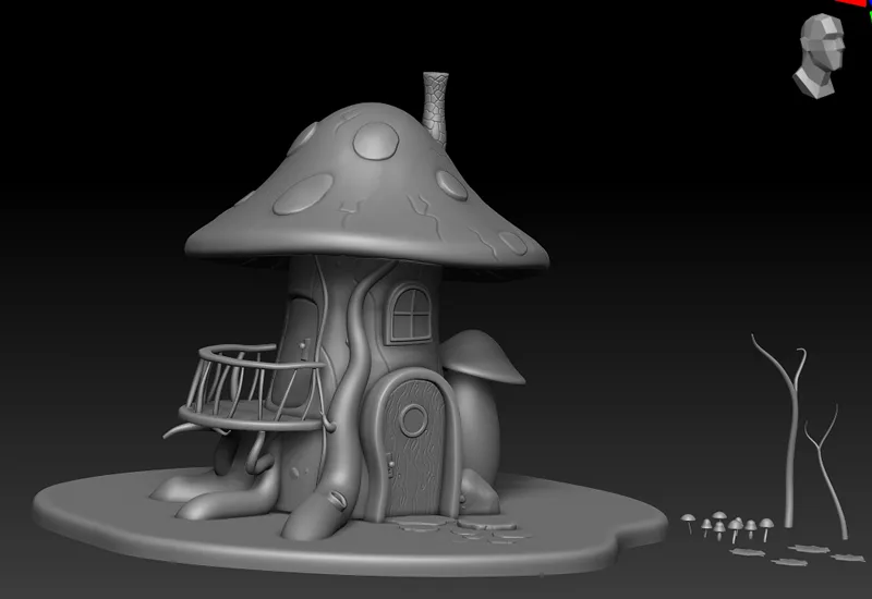 High poly ZBrush sculpt of the Mushroom House with its porch, door and small mushrooms on a round base