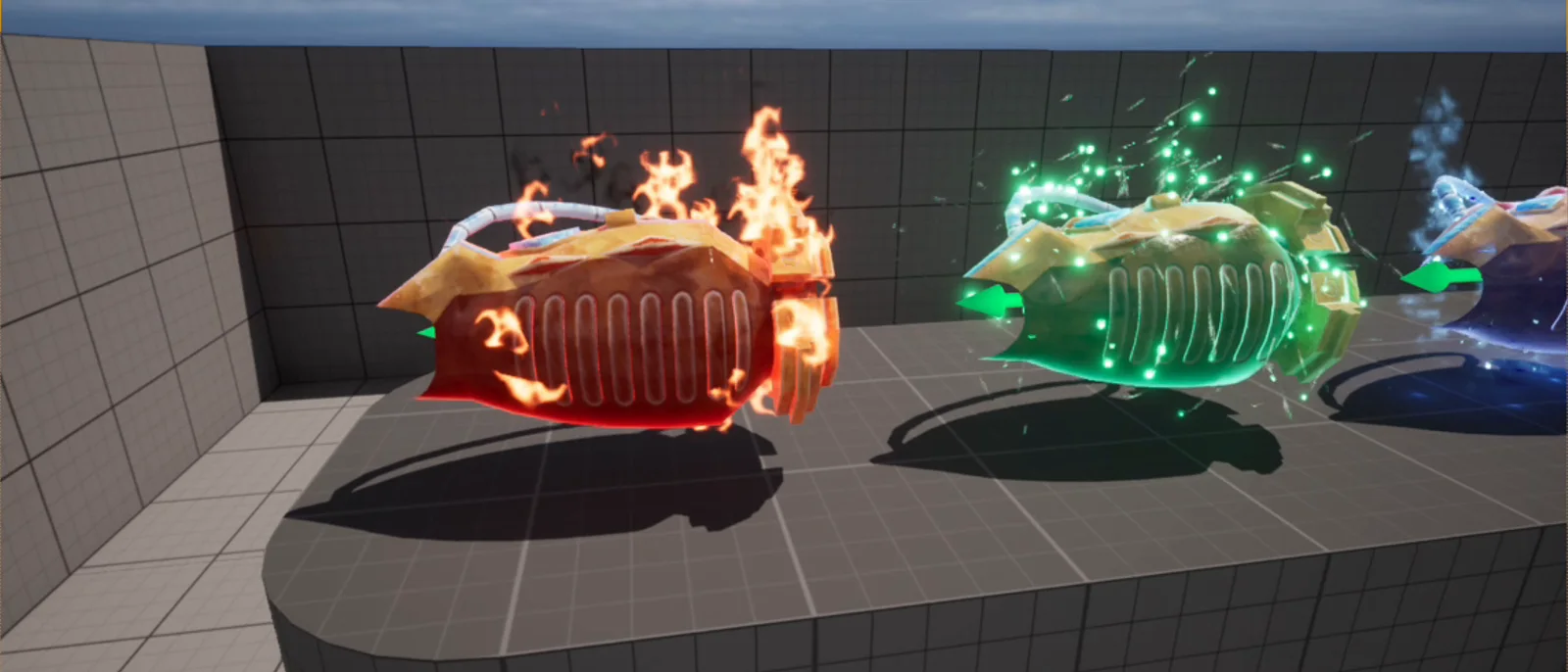 Three cannons on a tiled platform, one wreathed in flames, one with green energy sparks and one with a blue frosted glow