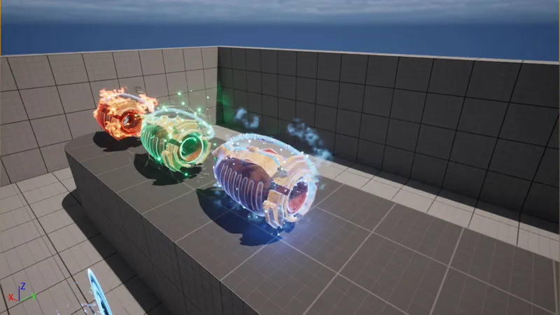 Three cannons with different effects: a red cannon wreathed in flames, a green cannon with energy sparks and a blue cannon with a frosted glow