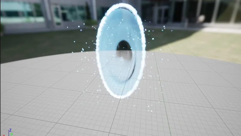 A blue circular portal with a swirling center and particles around its rim