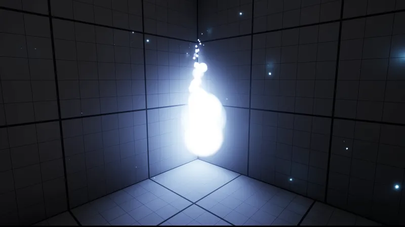 A glowing white wisp rising in a dark tiled room with drifting blue lights