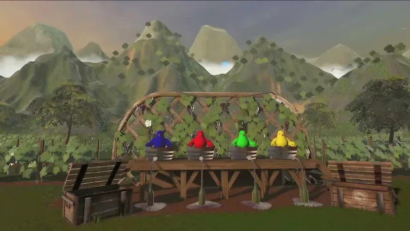 The Grape Stomp stage with four barrels, crates on both sides and a vineyard behind