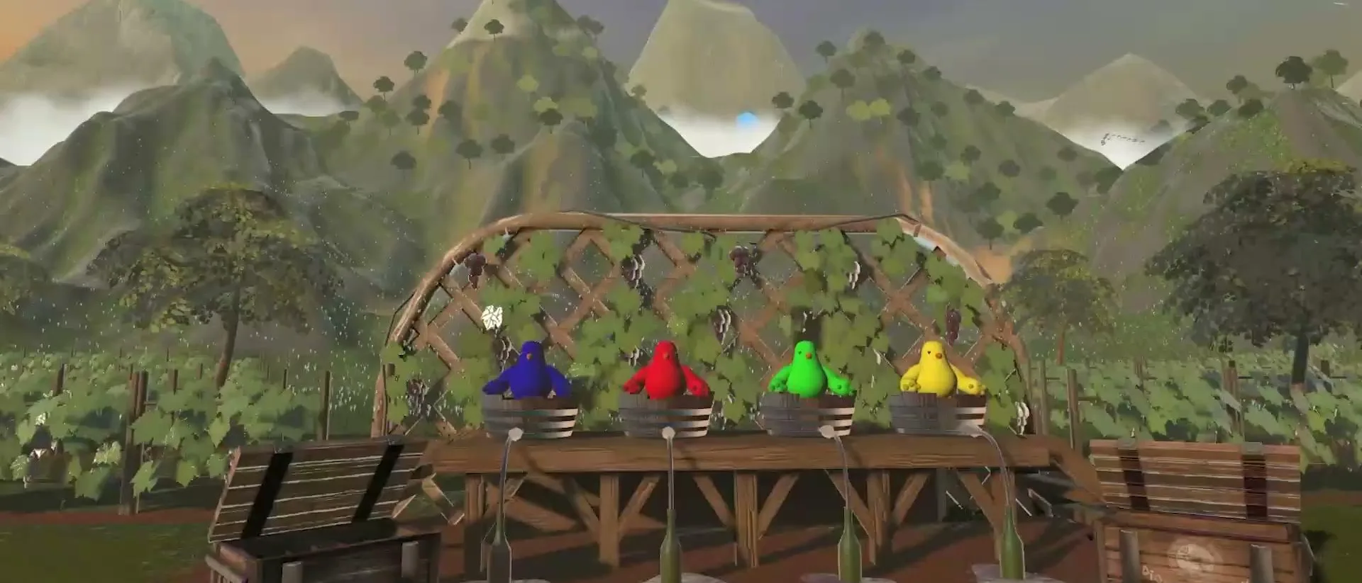 Grape Stomp vineyard with a wooden stomping stage in front of terraced hills and mountains