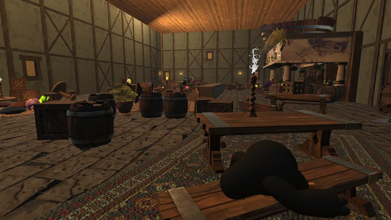 Close view of a tavern table, rug and props in the Hera Chase level