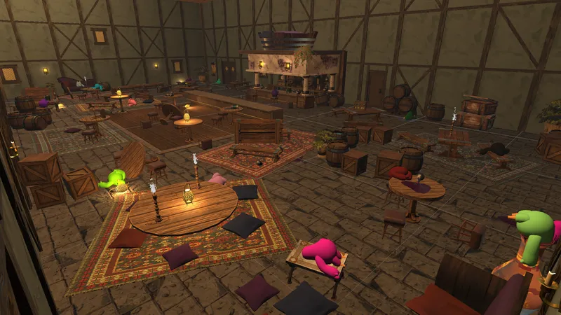 Wide view of the Hera Chase tavern with rugs, low tables and scattered props