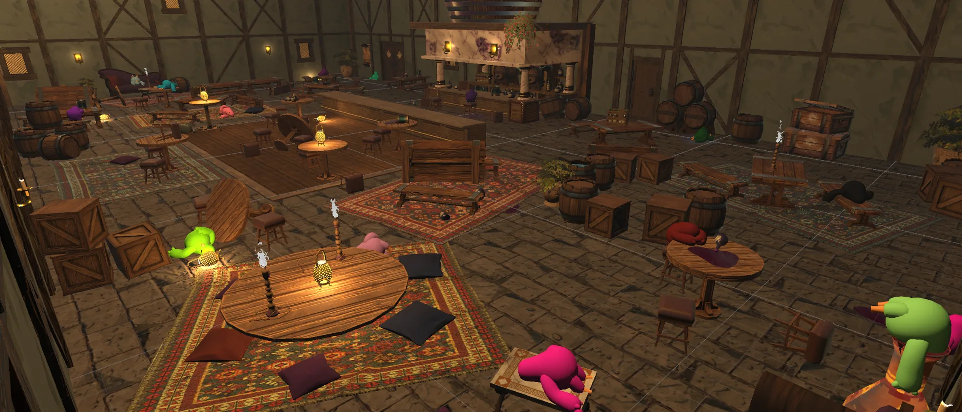 Hera Chase tavern floor with rugs, tables, barrels and lanterns seen from above
