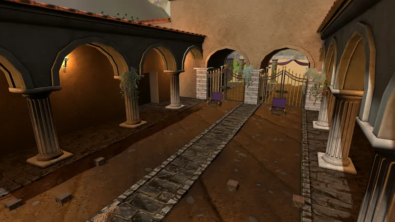 A stone arcade with columns and a cobbled path leading toward iron gates