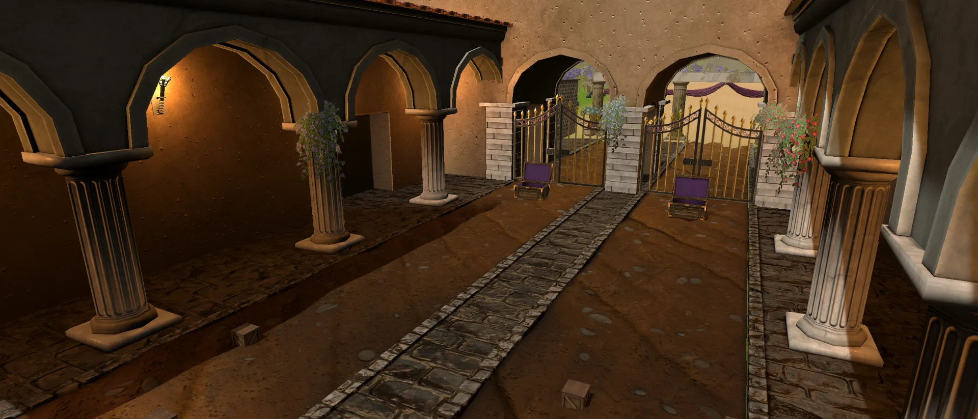 Leopard Tug stone arcade with warm light along a cobbled path and iron gates in the distance