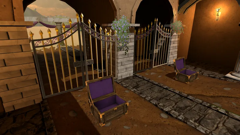 Iron gates with two open crates on a dirt path beside a stone wall