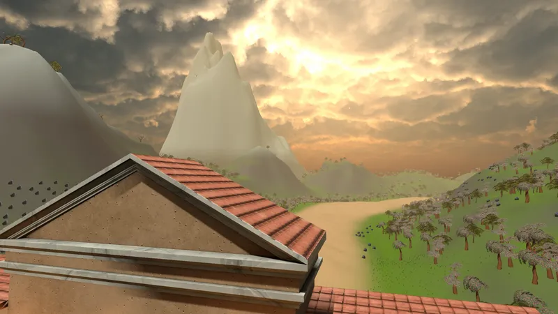 A tiled rooftop in the foreground and a hillside with trees stretching to a mountain under a golden sky
