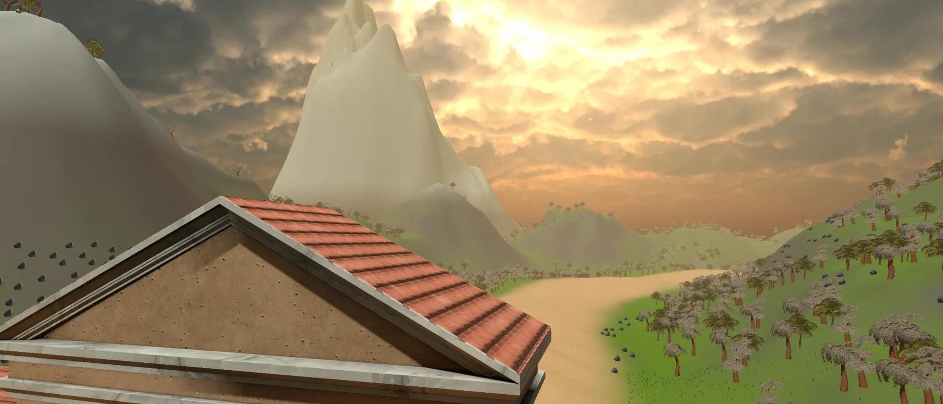 A low golden sun breaking through clouds over a hillside and mountain seen past a tiled rooftop