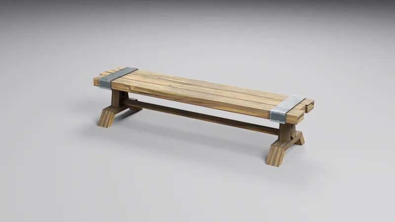 Studio render of the long tavern bar bench, wooden planks bound with metal bands on angled legs