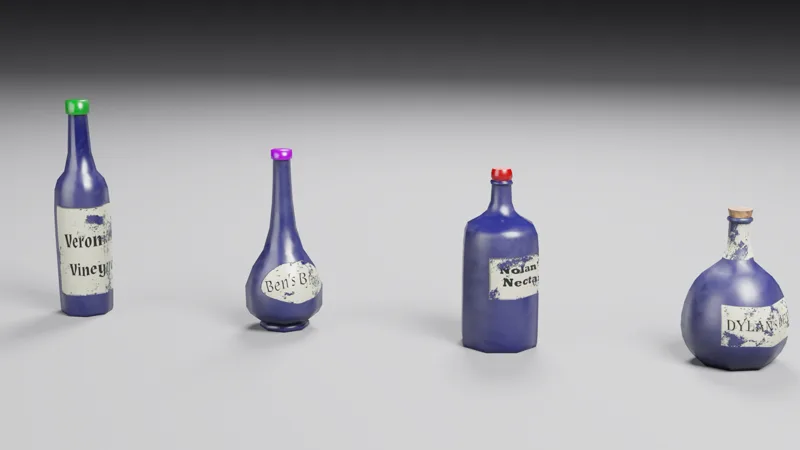 Studio render of four more bar bottles labelled Veronica's Vineyard, Ben's Brew, Nolan's Nectar and Dylan's Dew