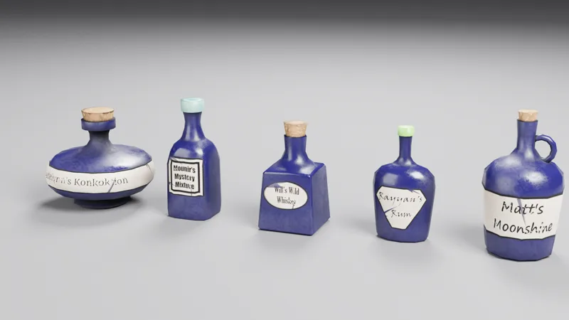 Studio render of five glass bar bottles in different shapes from the Shot Guesser tavern shelves