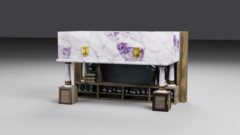 Studio render of the full Shot Guesser bar on its own: a purple-veined marble canopy on marble pillars over wooden shelves of bottles and tankards