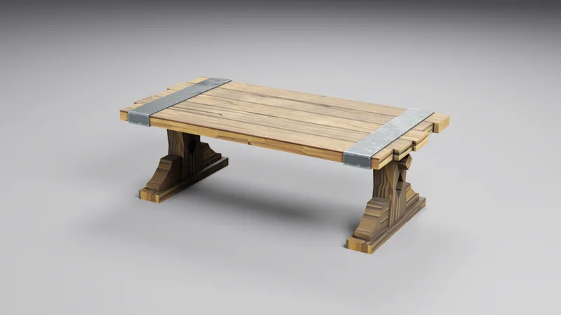 Studio render of the long tavern bar table, wooden planks bound with metal bands on two carved trestle legs