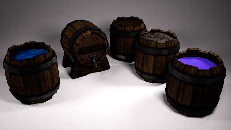 A group of wooden barrels holding blue and purple liquid