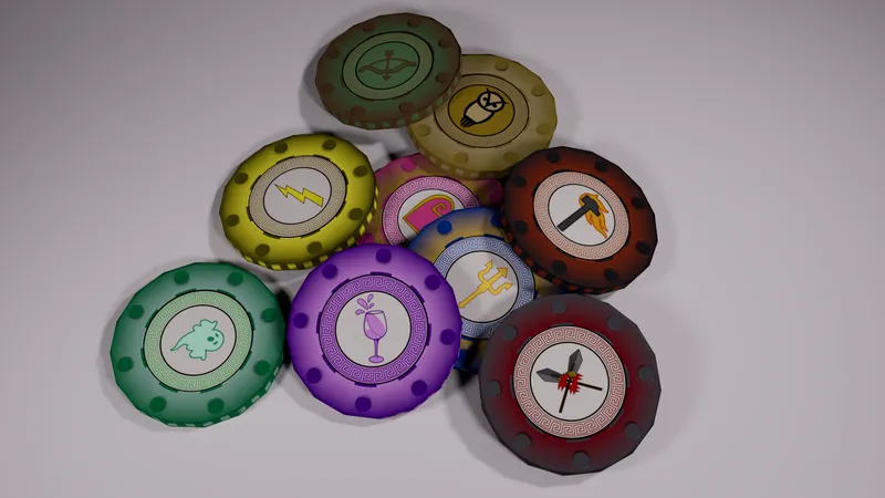 A pile of casino chips, each with a different Greek symbol