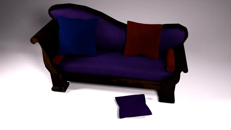 A dark wooden couch with purple upholstery and red and blue cushions