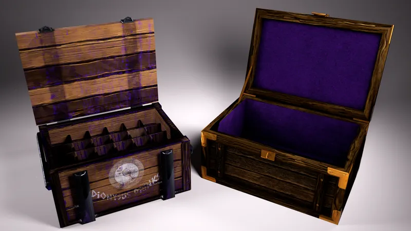 An open wine crate with bottle slots beside a second open crate lined with purple fabric