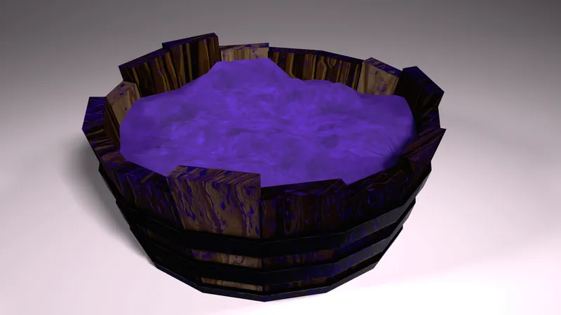 A wooden basin filled with purple grape mash