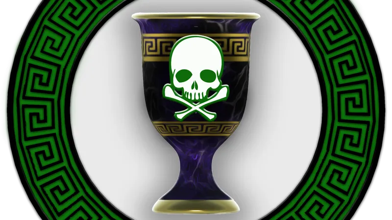 A chalice with a skull and crossbones inside a round Greek key border, used as an icon