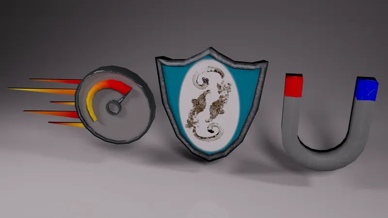 Three power-up props: a speedometer badge, a shield and a horseshoe magnet