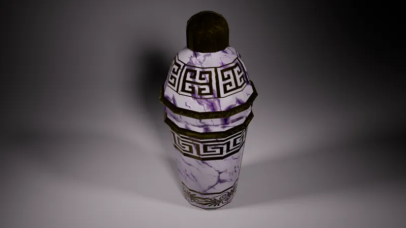 A white and purple marble cocktail shaker with Greek key bands