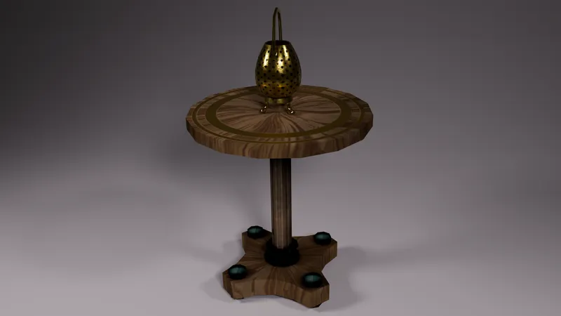 A round wooden table with a brass lamp on top