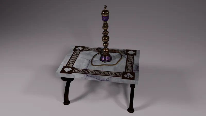 A marble-topped table with a Greek key border and a brass incense stand