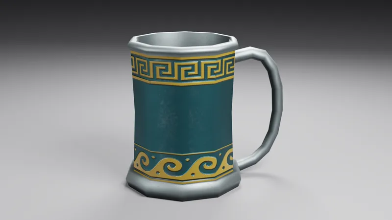 Studio render of a teal tankard with a silver rim and handle and gold Greek key and wave bands