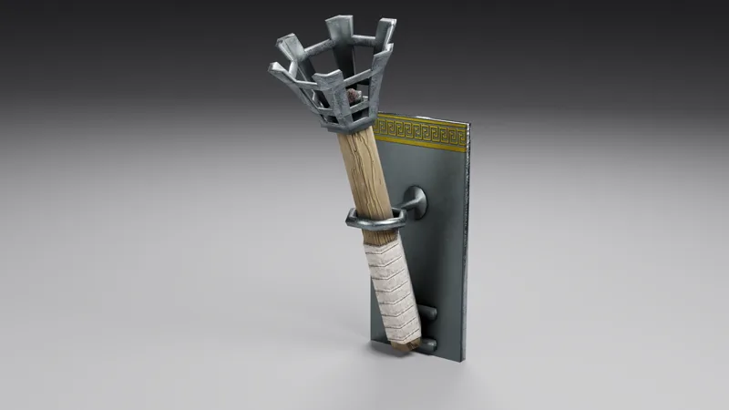 Studio render of a Leopard Tug wall torch in its iron holder