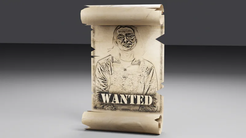 Studio render of the Shot Guesser wanted poster, a weathered parchment notice pinned to the tavern wall