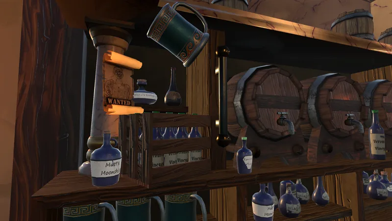 The Shot Guesser bar counter with mugs, barrels and shelves