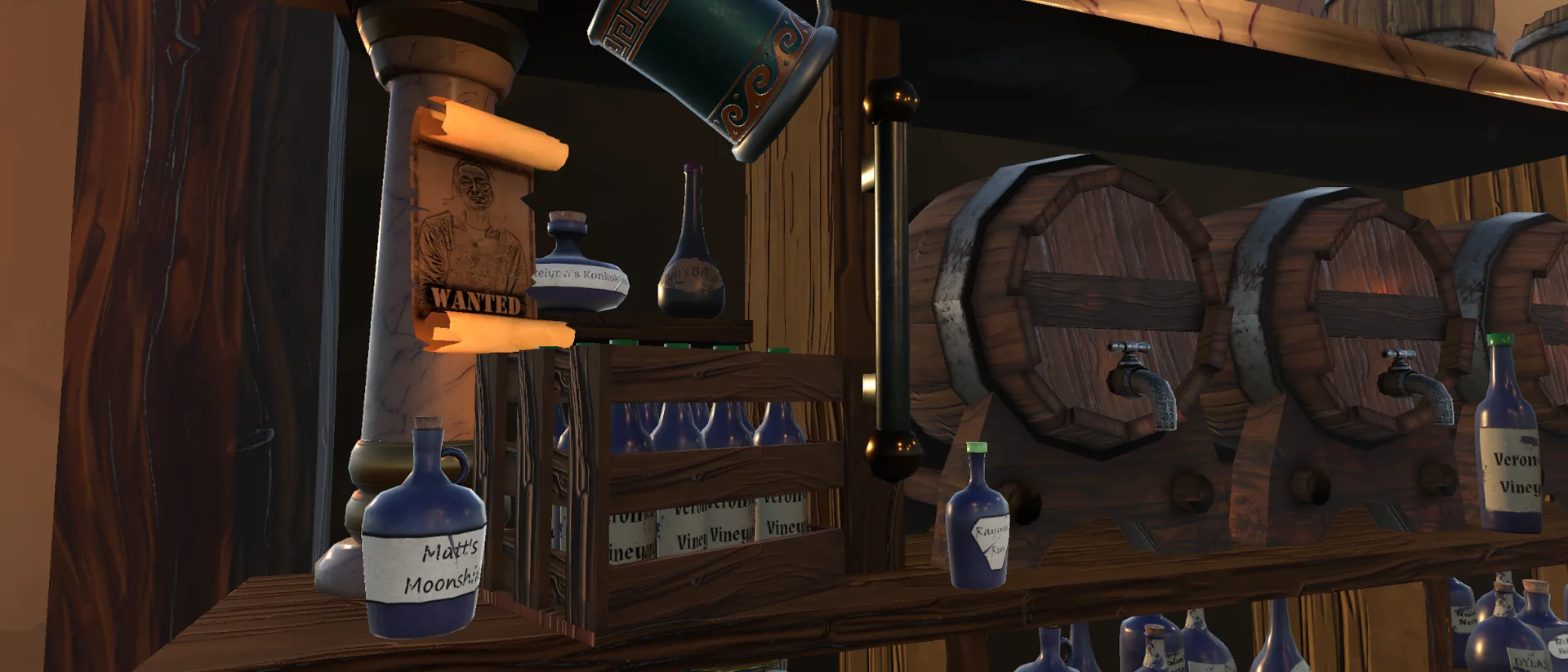 Shot Guesser tavern bar with barrels, shelves of bottles and a long wooden counter