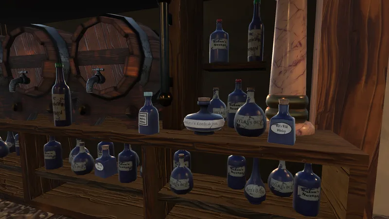 Barrels and shelves of blue bottles behind the Shot Guesser bar