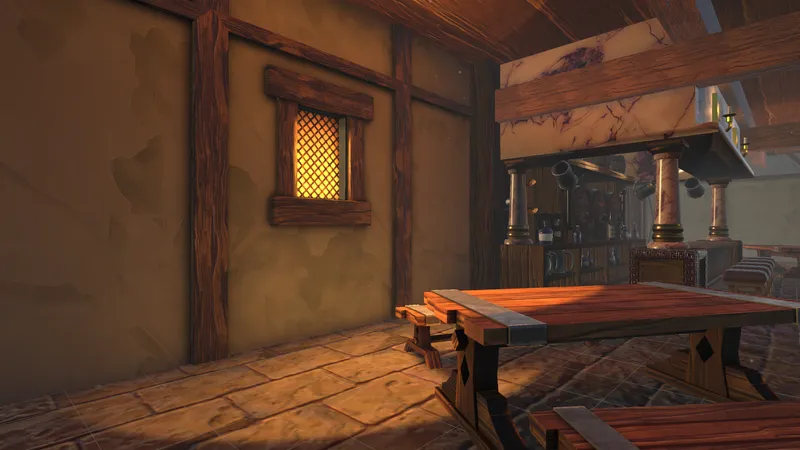 A tavern corner with a lit window and a wooden table